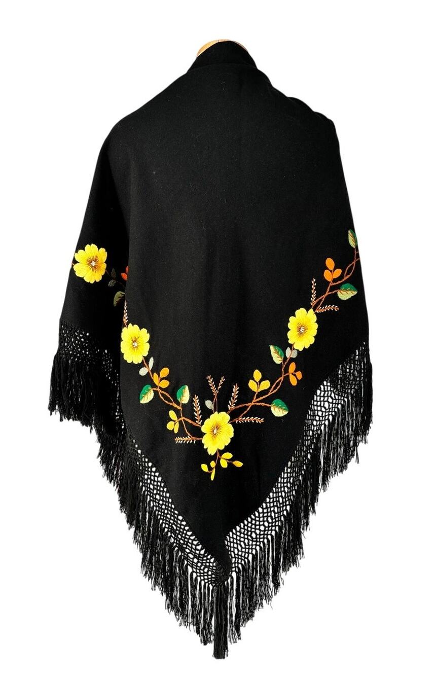 Embroidered Floral Shawl Fringe Bohemian Gypsy Artisan